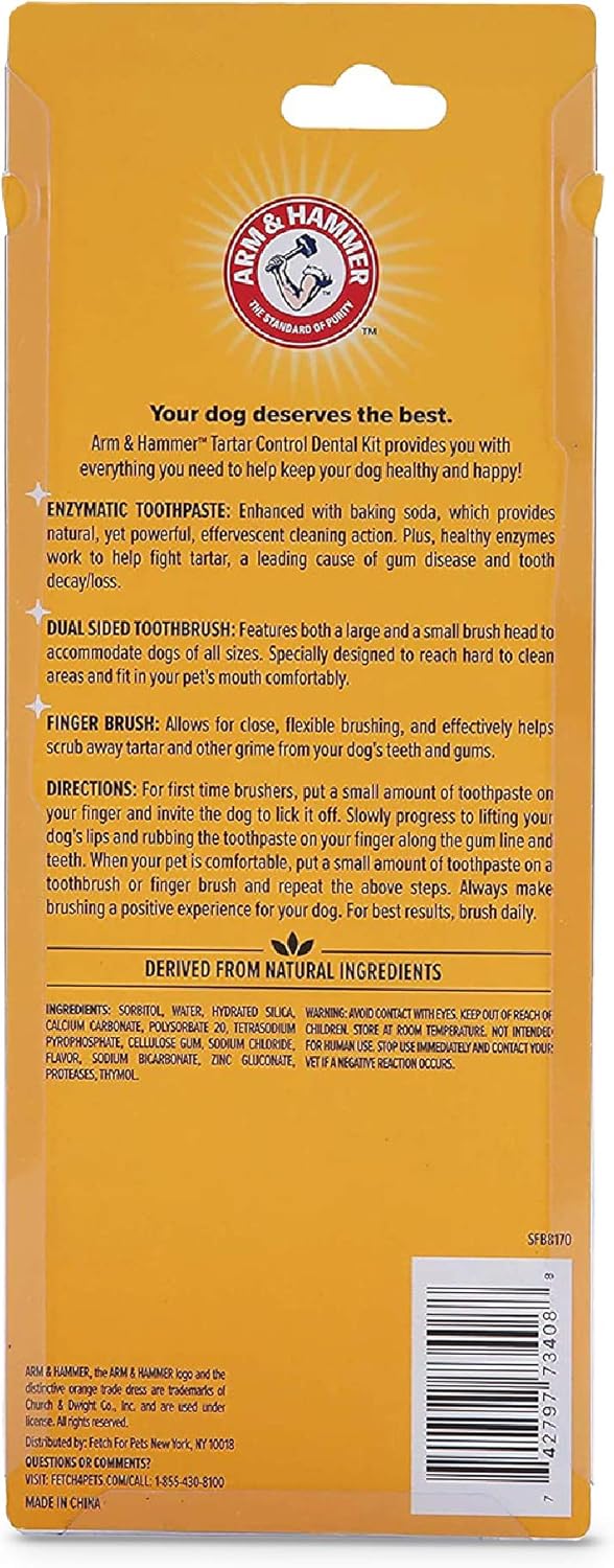 Arm & Hammer for Pets Tartar Control Dog Dental Kit, Enzymatic Toothpaste with Toothbrush and Fingerbrush, Baking Soda Formula Reduces Plaque and Tartar, Safe for Puppies, Beef Flavor, 3-Piece