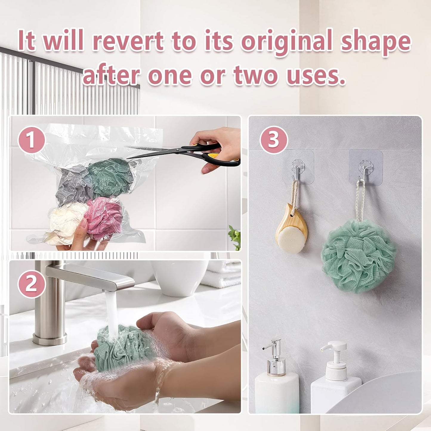 Shower Loofah Bath Sponge, 60G Loofah Exfoliating Body Scrubber, 4 Color Mesh Shower Pouf Balls for Body Wash (Pink Green White Gray)