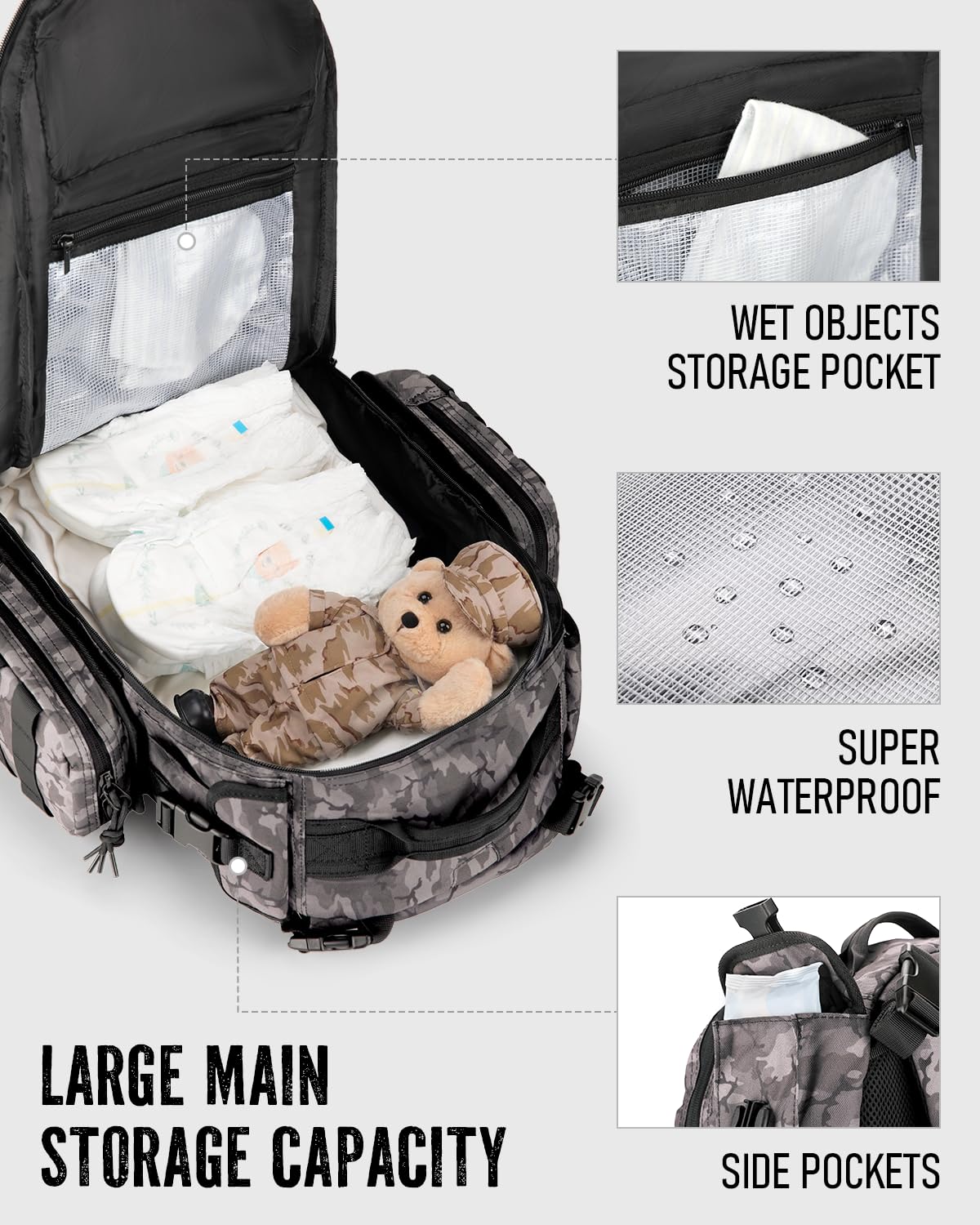 Dinictis Dad Diaper Bag, Mens Diaper Bag Backpack with Diaper Changing Mat, Military Diaper Backpack with Molle Webbing, Waterproof Pouch, Baby Wipes pocket, Insulated Bottle Pockets- Black Camo