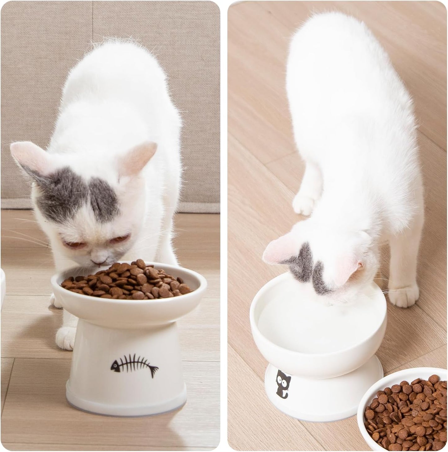 FOREYY Raised Cat Food and Water Bowl Set, Whisker Friendly Elevated Ceramic Cats Feeder Bowls with Anti Slip Ring, Anti-Vomiting Shallow High Porcelain Pet Kitten Dish, Dishwasher Safe(White)