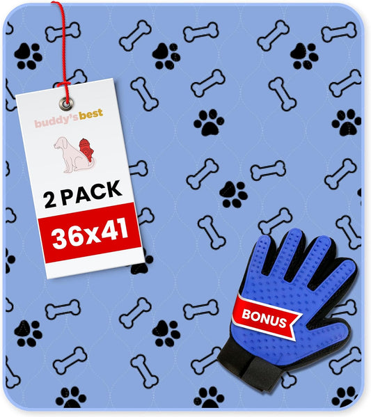 Buddy's Best Washable Pee Pads for Dogs - Medium (36"x41") - Ultra-Absorbent, Non-Slip, Ideal for Larger Areas, Training, Incontinence - (2-Pack) + Bonus Grooming Glove