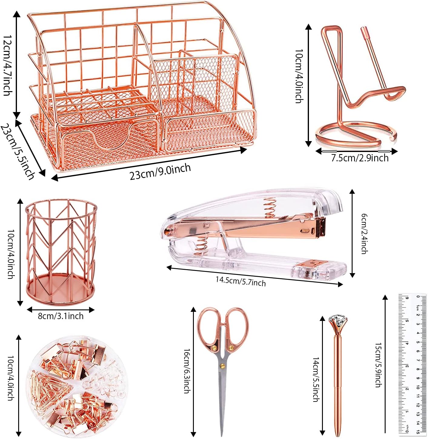 Rose Gold Desk Organizers and Accessories Office Supplies Set Stapler, Pen Holder, Phone Holder, Scissors, Pen, Ruler, 30 Paper Clips, 22 Binder Clip, 20 Tacks and 1000pcs Staples