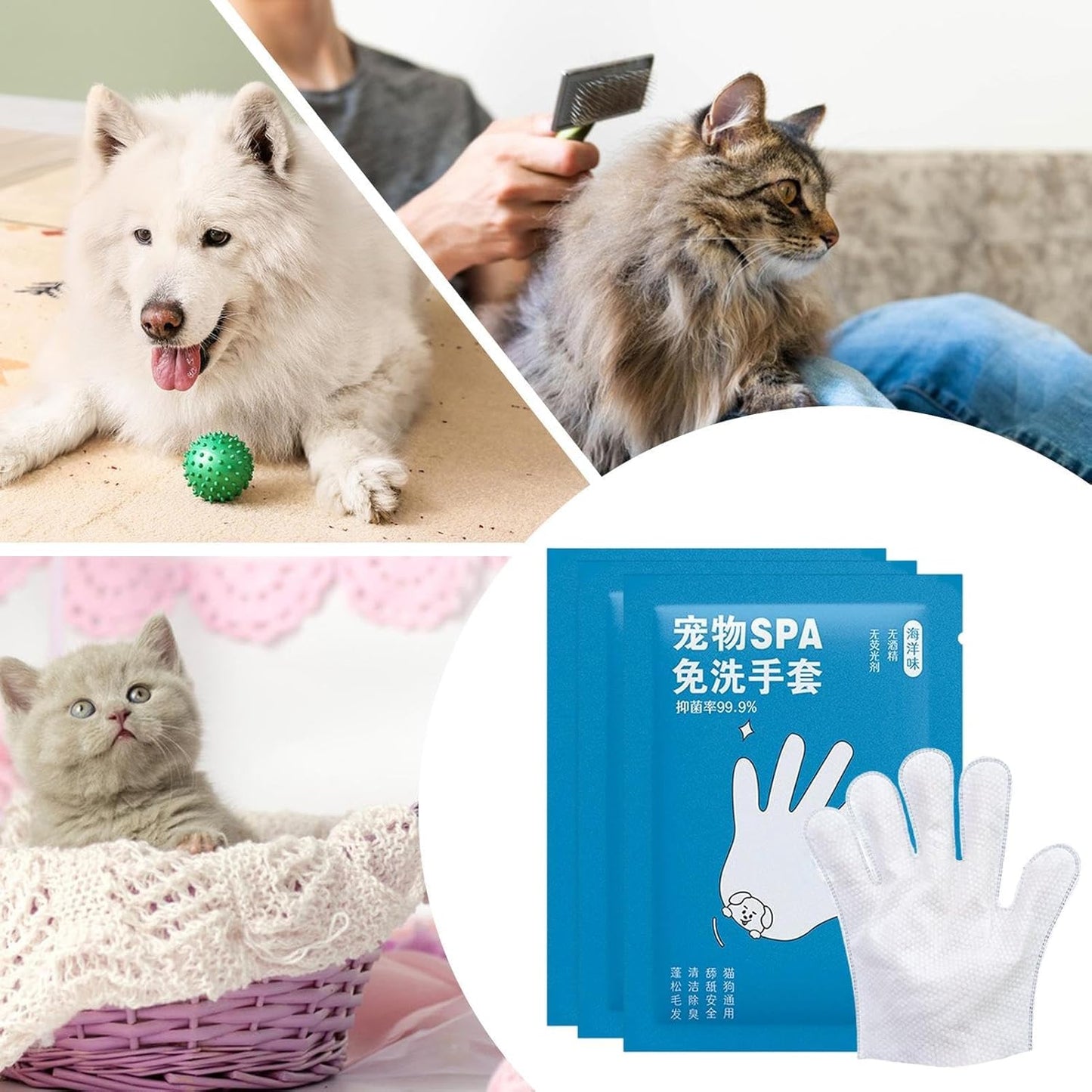 Gentle Pet Cleaning Wipes, Soft Glove Grooming, 3 Piece Travel Pack with Deodorizing Formula, Portable Care Material, Dog Cat with Multi use Design, Pet Grooming Wipes for Paws Butt
