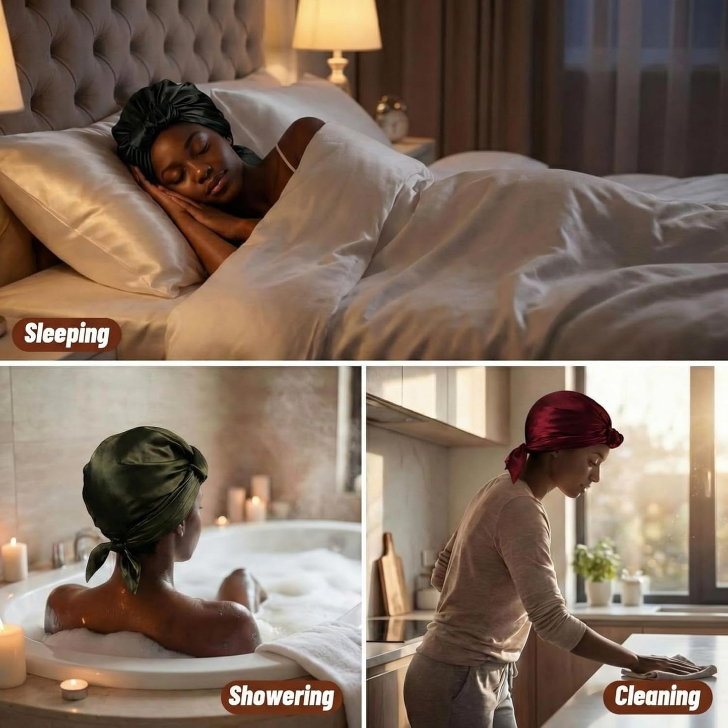 3 Pcs Wrap Hair Net with Scarf, Easy-to-use Head Wrap for Silk Press & Nighttime Care, Ideal for Styling, Sleep & Shower Cap(Classic Minimalist,Red Black Green)