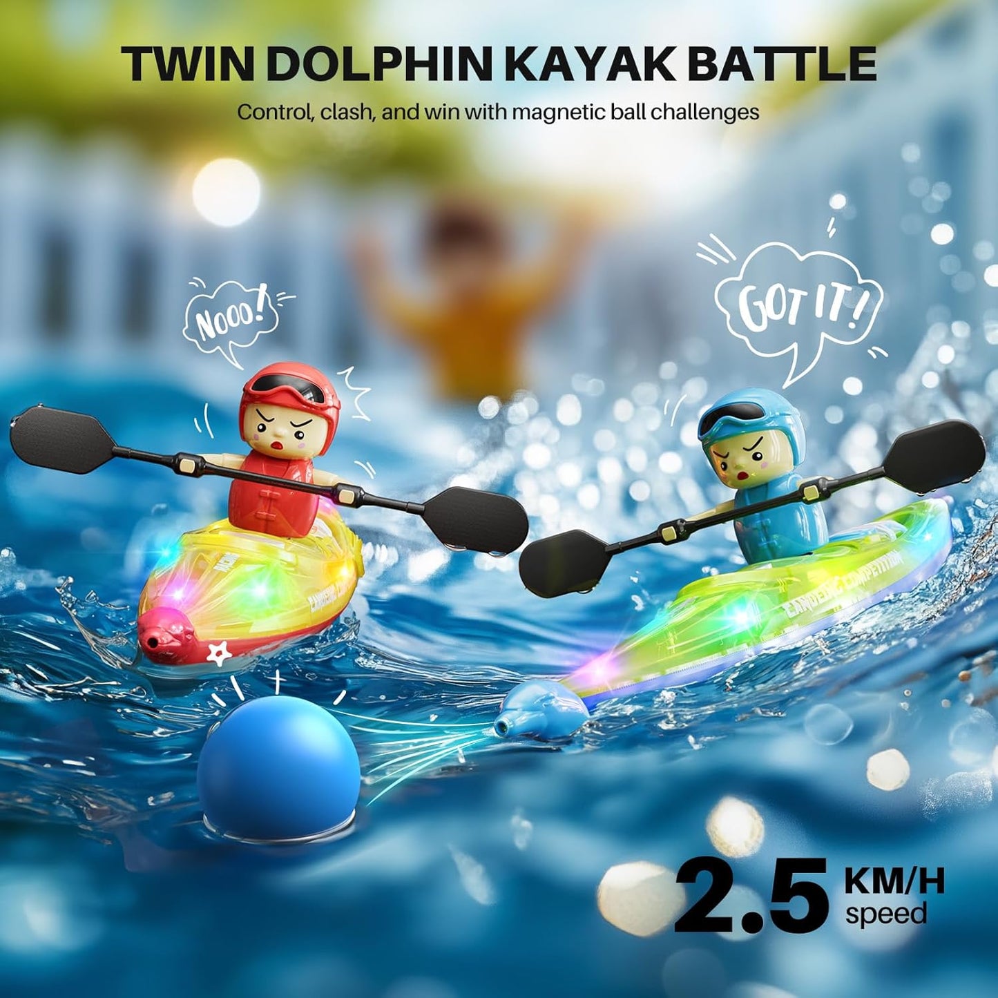 SYMA RC Boats 2 Pack for Kids 6-12, Remote Control Kayaks with Magnetic Dolphin Nose & 3 Balls, Up to 40 Min Playtime, LED Light Up Water Toys for Pool, Water Table & Bathtub