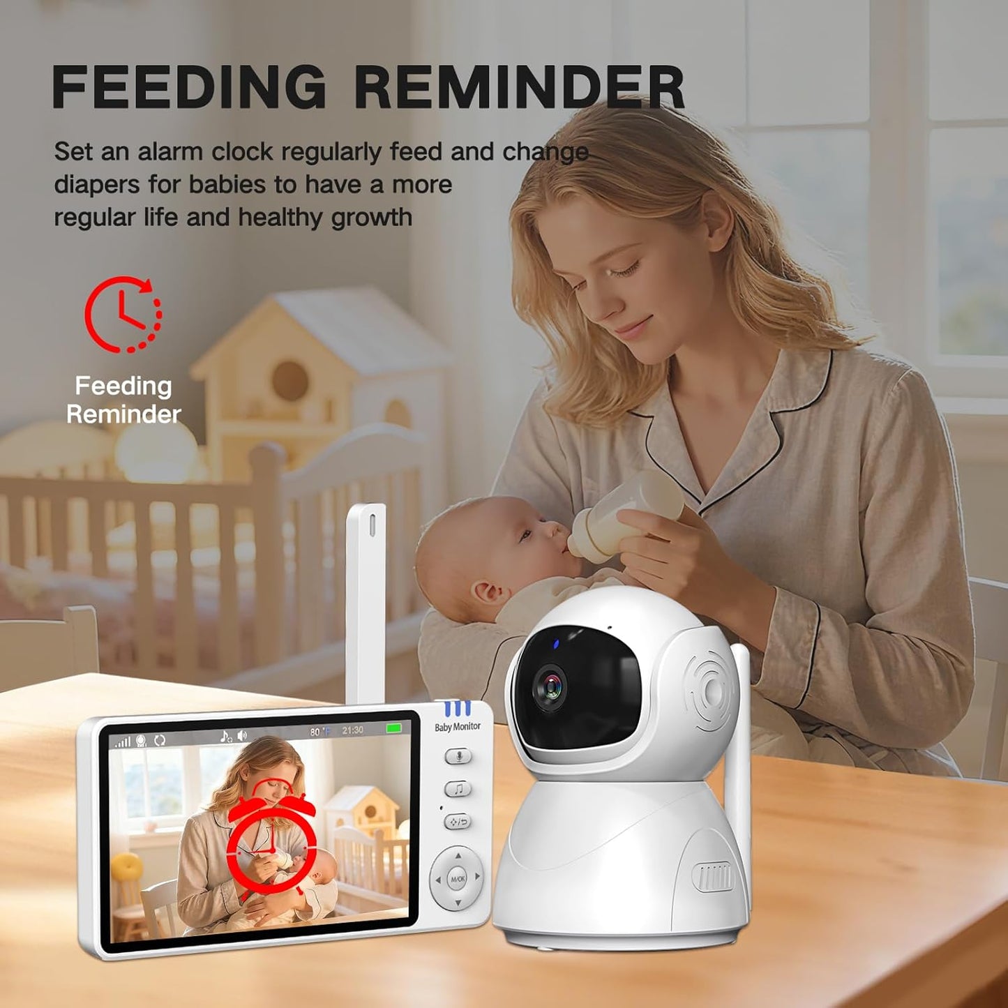 Video Baby Monitor with Camera and Audio,720P 5" HD Wireless No WiFi, 2-Way Talk,Voice Motion Detection, 8 Lullabies, 1000ft Long Range, Night Vision, Temperature & Feeding Alarm, 355° PTZ