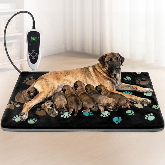 Extra Large Dog Heating Pad 47x30 in with Smart Thermostat Switch and Power Line Protection Tube,Obtained MET and UL Dual Certification,Waterproof Pet Heating Pad for Dogs-Black