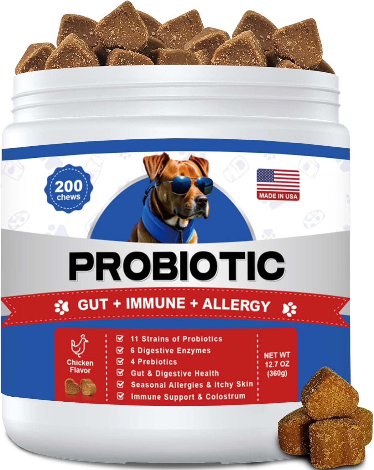 Probiotics for Dogs 200 Chews - Dog Probiotics with 6 Digestive Enzymes,4 Prebiotics,11 Billion CFUs, Colostrum - for Gut Gas Health, Yeast Balance, Skin & Coat, Seasonal Allergies Immune Support