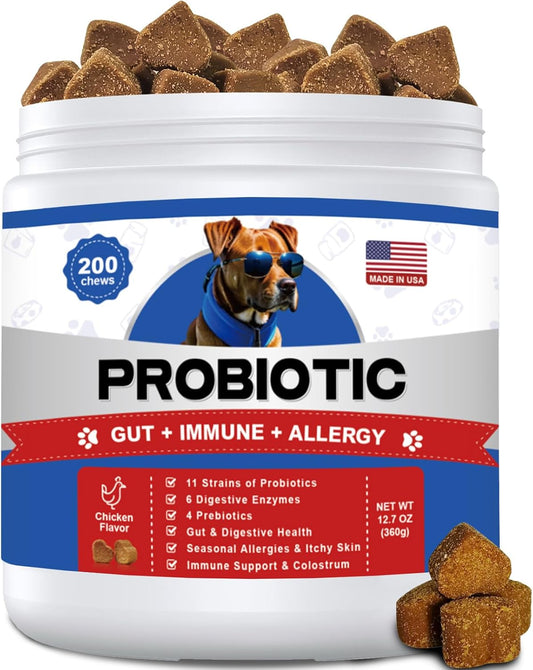 Probiotics for Dogs 200 Chews - Dog Probiotics with 6 Digestive Enzymes,4 Prebiotics,11 Billion CFUs, Colostrum - for Gut Gas Health, Yeast Balance, Skin & Coat, Seasonal Allergies Immune Support