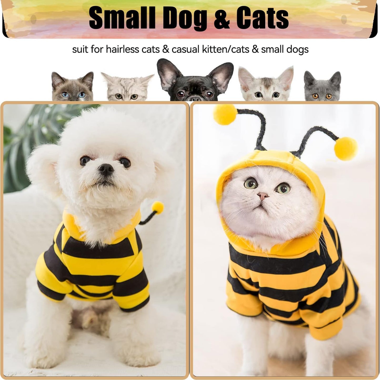 DENTRUN Sphynx Hairless Cats Costume Funny Bee Warm Winter Sweater Cute Pullover Kitten Shirts Breathable Cat Leisure Wear Turtleneck Vest Adorable Cat's Clothes Jacket Pajamas Jumpsuit, L
