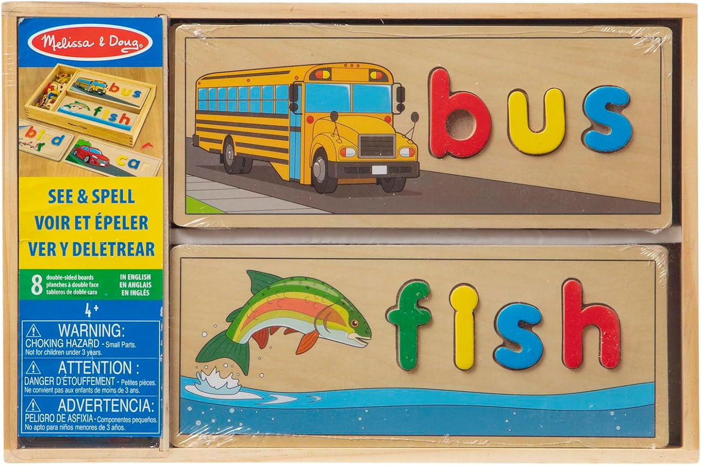 Melissa & Doug See & Spell Wooden Educational Toy with 8 Double-Sided Spelling Boards and 64 Letters Preschool Learning Activities, See & Spell Learning Toys for Kids Ages 4+