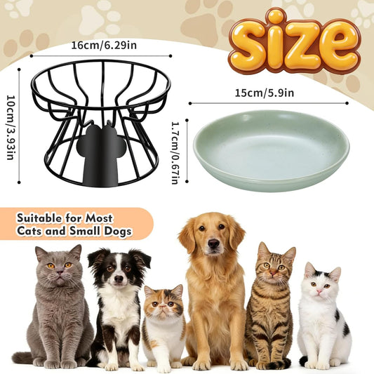 Shallow Cat Dishes with Metal Stand,Elevated Cat Bowl,Ceramic Cat Bowls,Raised Cat Food Bowls,Pet Feeder for Indoor Cats,Kitten and Small Dogs, Dishwasher Safe