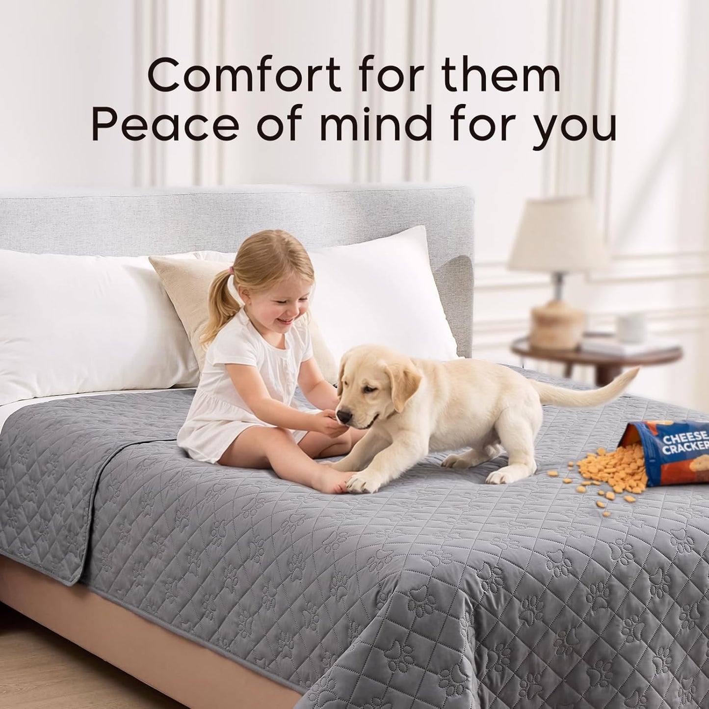 Waterproof Loveseat Couch Cover for Dogs, Paw Print Quilted Blanket for 2 Seat Sofa & Bed, Pet Hair Resistant, Pet-Friendly, Washable, Scratch Proof Furniture Protector, 32x53 inch, Grey