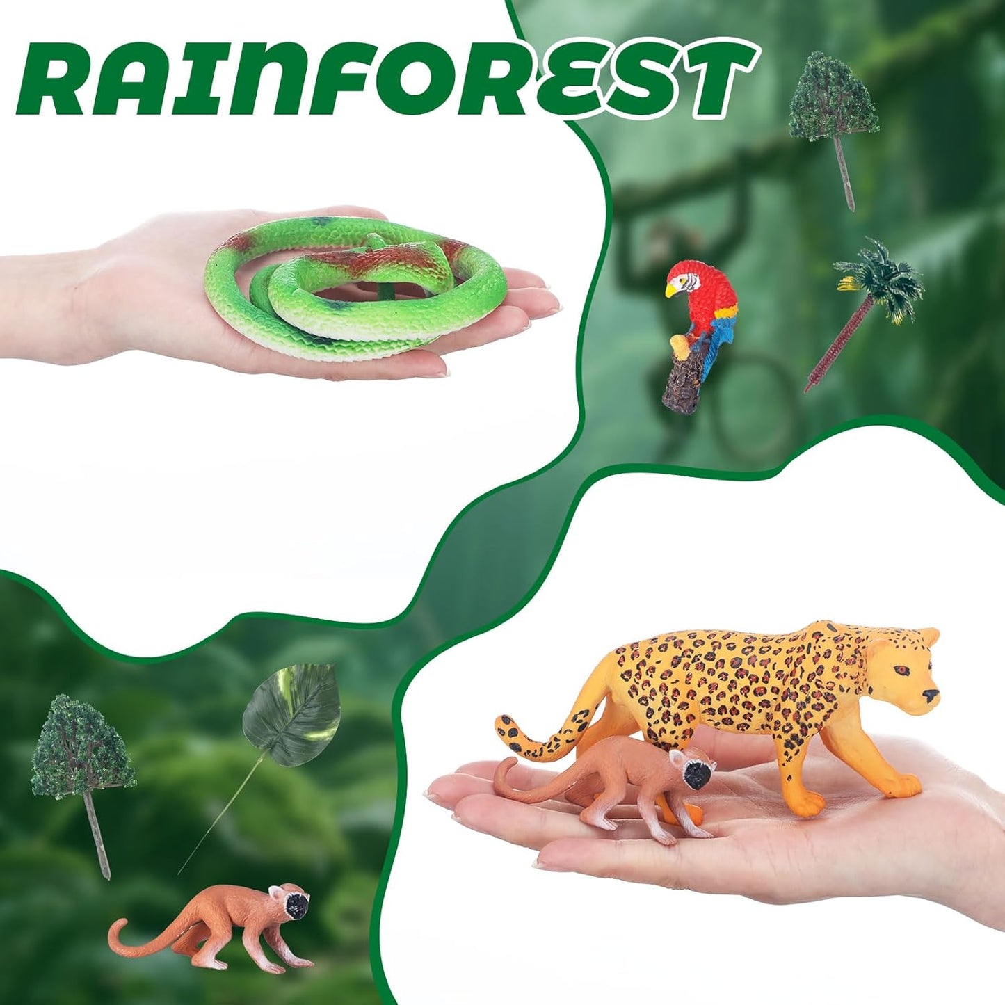 Rainforest Diorama Kit Rainforest Animals Figures Realistic Forest Animals Figures Including Model Tree, Red Parrot, Cobra Forest Diorama Supplies for Birthday Party Favor(Box Not Included)