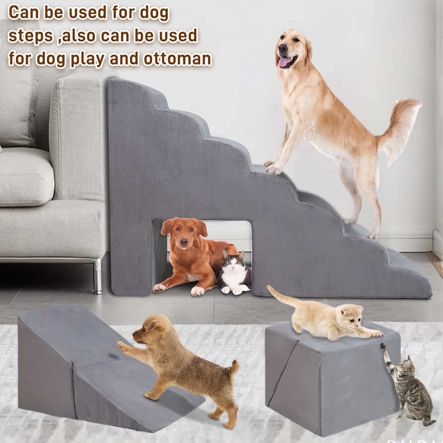 7-Step Dog Stairs for Bed 30-36" H, Dog Steps for High Bed, Pet Steps for Small, Older Pets, Non-Slip Balanced Pet Ramp Indoor, Grey