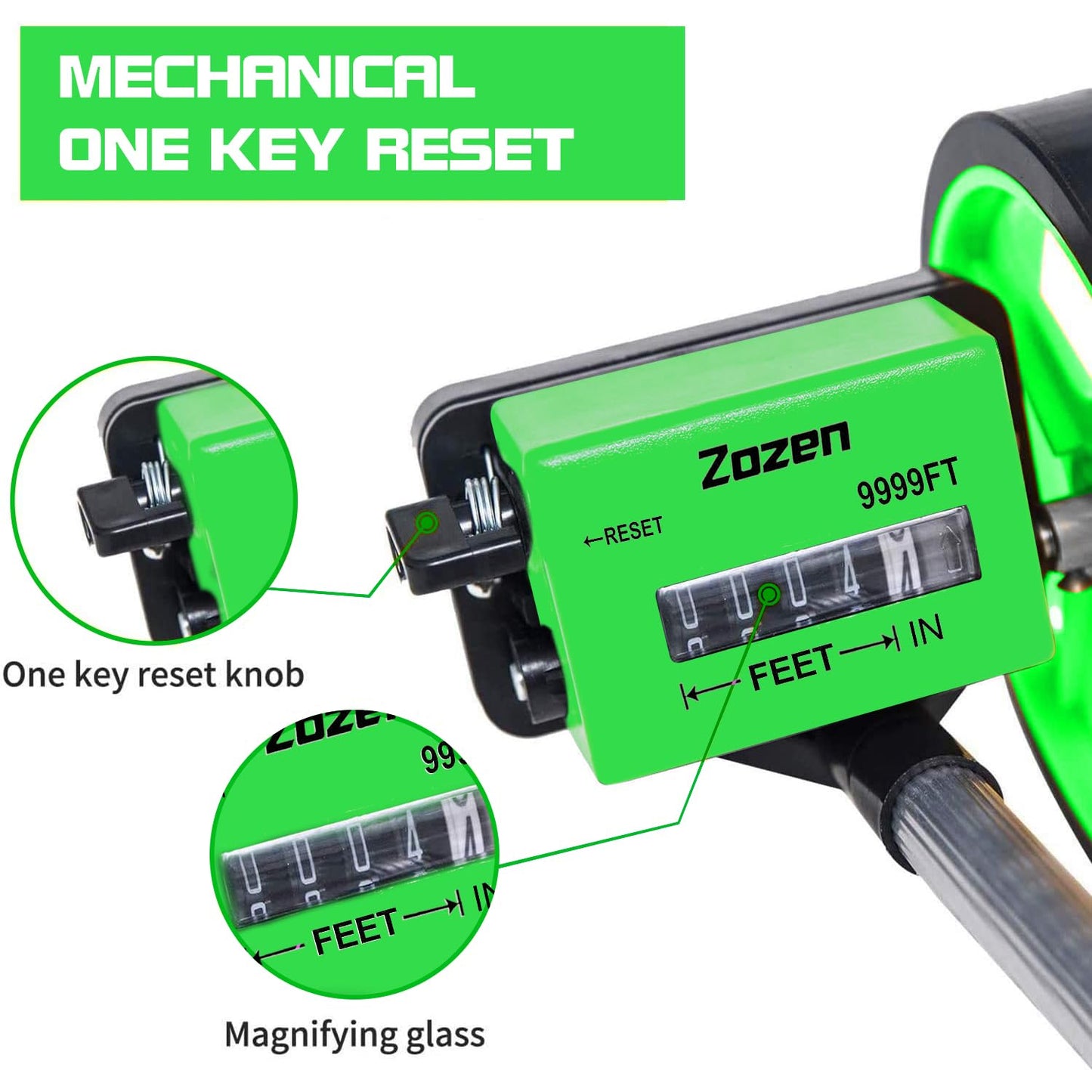 Zozen Measuring Wheel, Green 6Inch Measure Wheel, Distance Measuring in Feet and Inches, Rolling Measurement [Up to 10,000Ft], Telescopic/Mechanical/One Key to Reset, Include Carrying Bag.