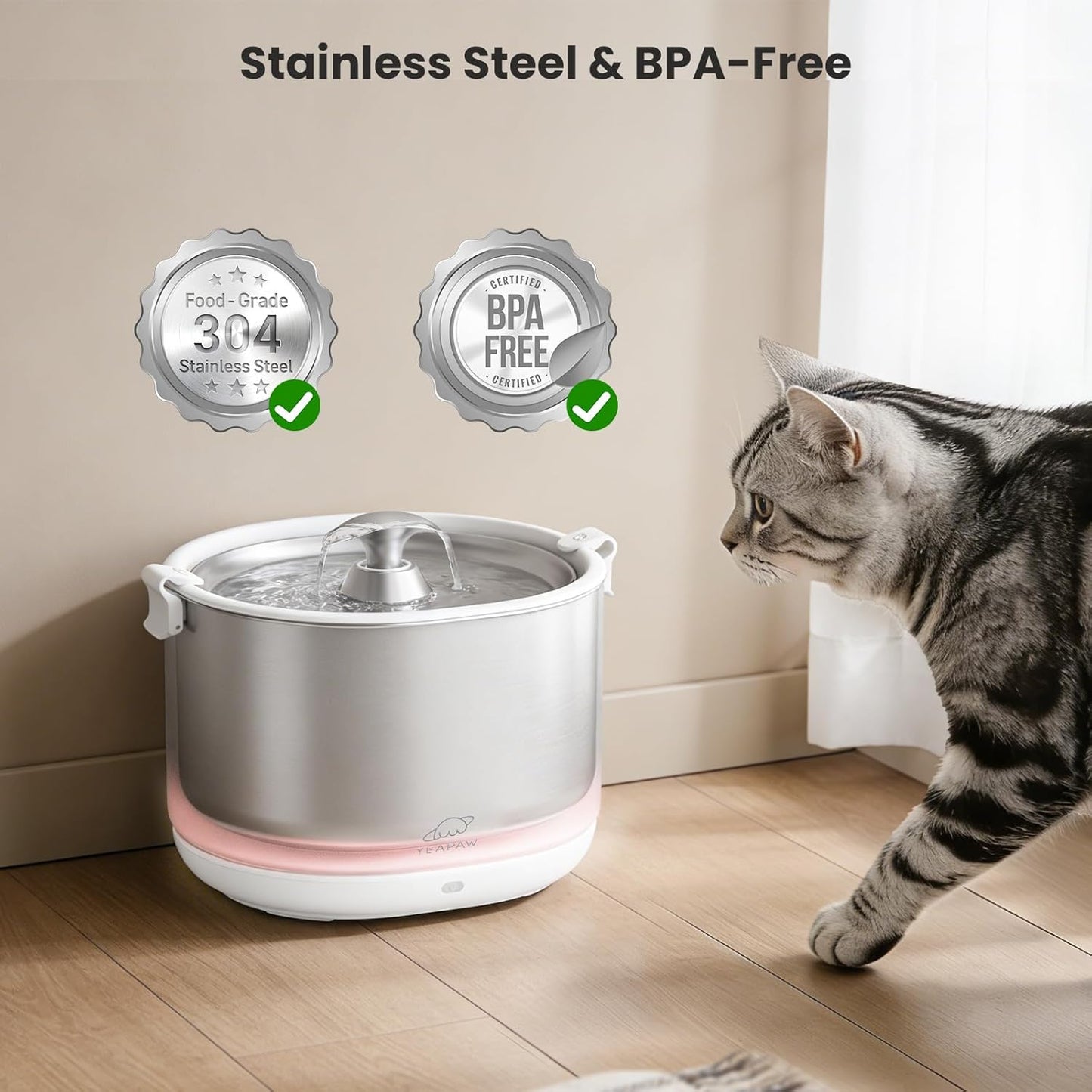 Cat Water Fountain Pumpless Stainless Steel Buckets & Bowl Wireless Pet Water Fountain 2.5L Water Fountains for Cats Indoor Dispenser Easy to Clean BPA -Free White