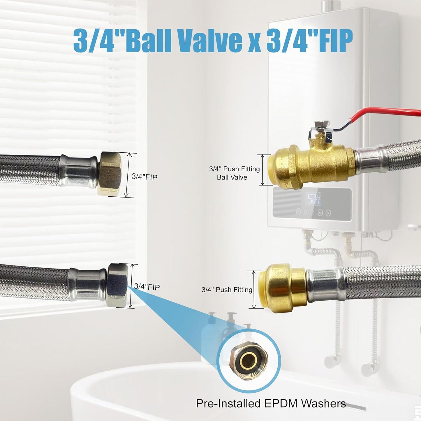 3/4" Ball Valve x 3/4" FIP x 24" Water Heater Hose Connector, Stainless Steel Braided Corrugated Flexible Water Heater Connector, Push To Connect Brass Plumbing Fitting, Copper, Pex, CPVC, 2 Pack