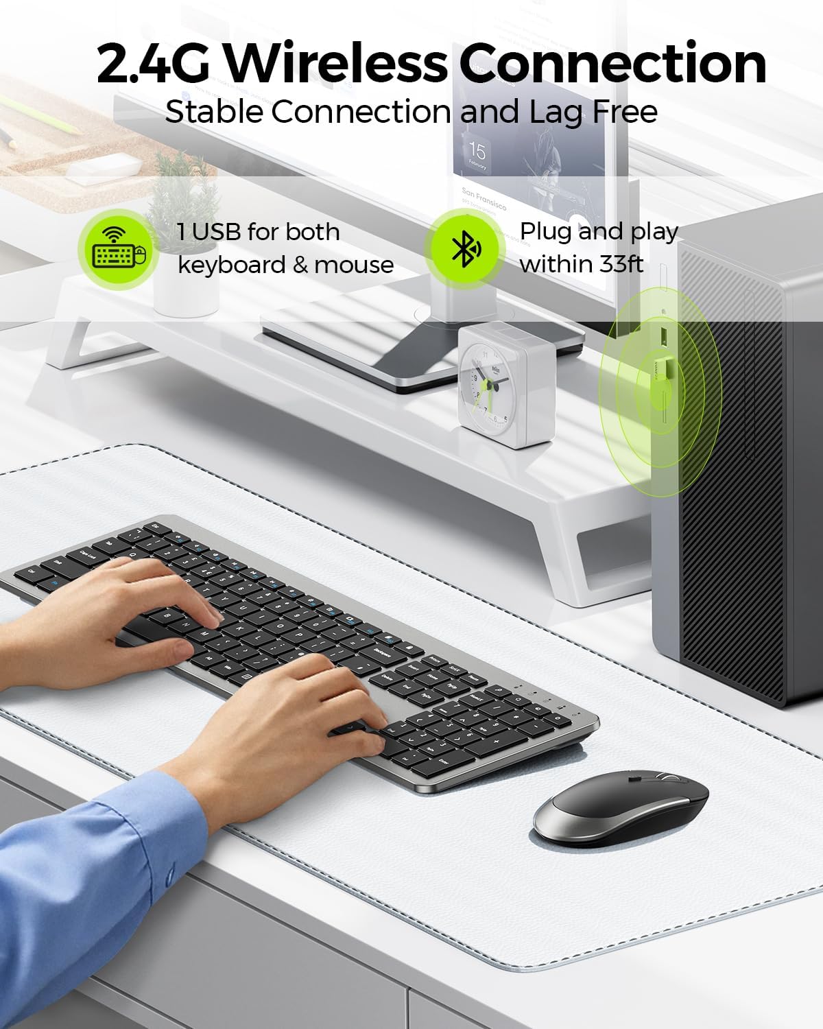 Wireless Keyboard and Mouse Combo - Full Size Slim Thin Wireless Keyboard Mouse with Numeric Keypad 2.4G Stable Connection Adjustable DPI (Grey & Black)