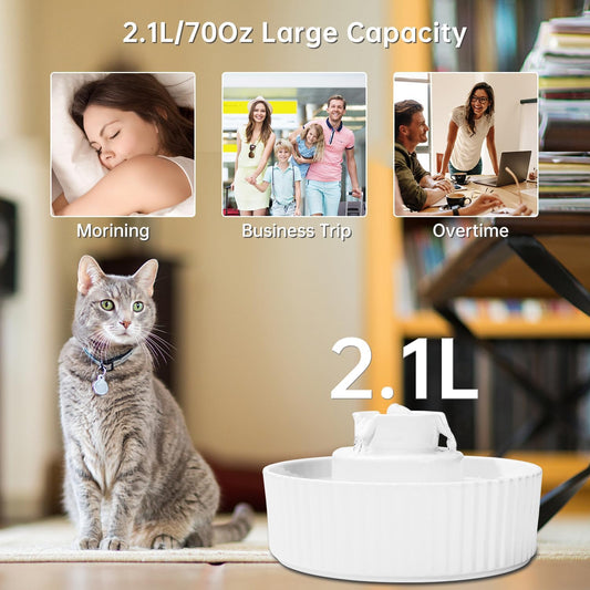 Ceramic Cat Water Fountain, 2.1L/70oz Ceramic Pet Water Fountain Automatic Cat Drinking Fountains Pet Water Bowl, Porcelain Cat Water Dispenser with Ultra-Quiet Pump for Cats and Dogs (White)