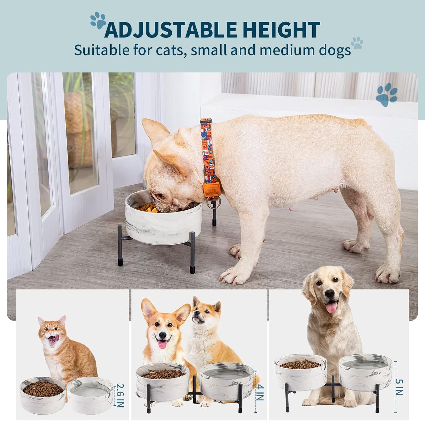 TAMAYKIM 32 oz Ceramic Dog Cat Bowls with Elevated Metal Stand, 6 Inch Porcelain Round Food and Water Bowl Set, Non-Slip Pet Feeder Bowls for Cats & Dogs, Marble Grey, Set of 2