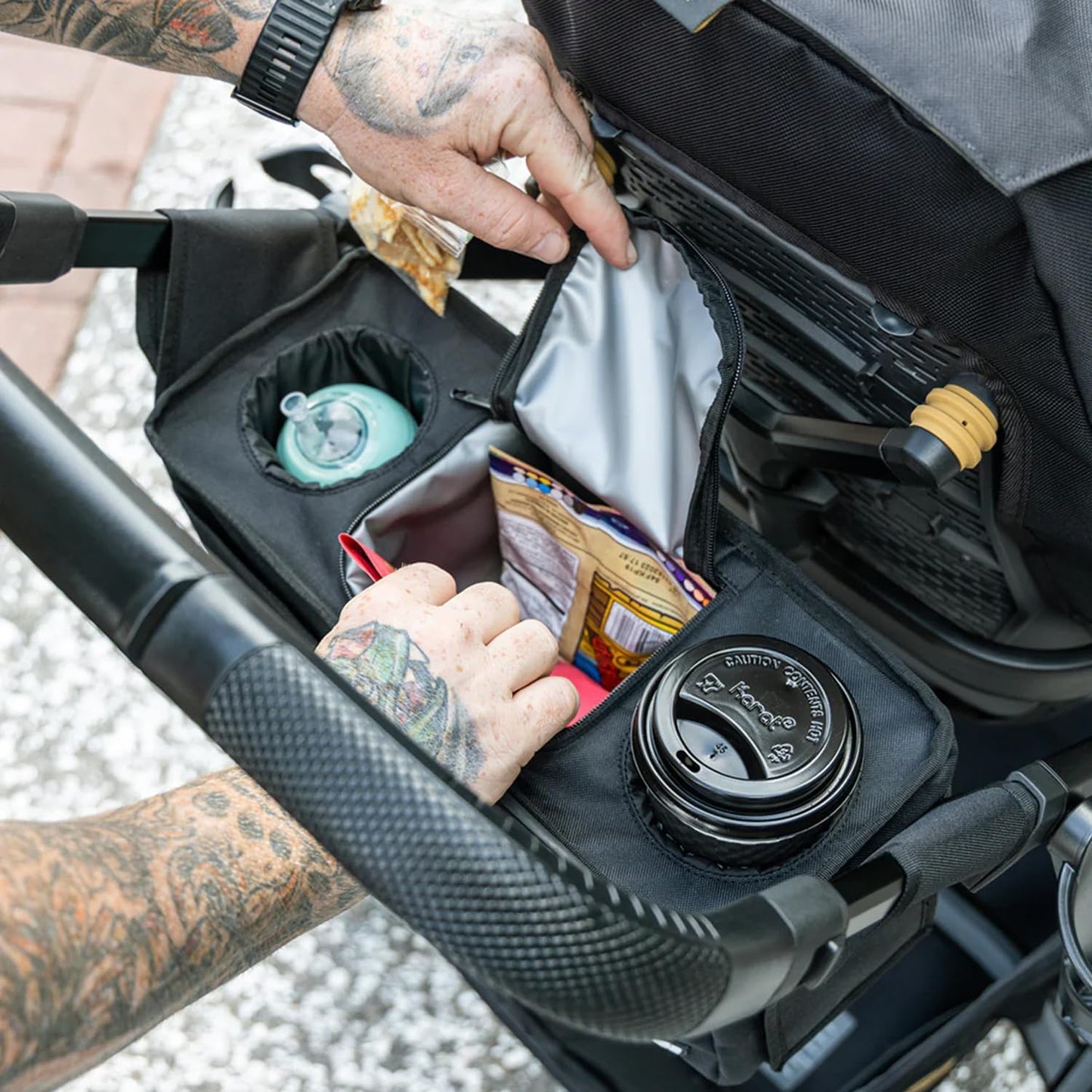 Tactical Baby Gear Stroller Caddy Organizer – Universal Fit Parent Console with Insulated Cup Holders, Cooler Pocket, Front Phone and Keys Storage