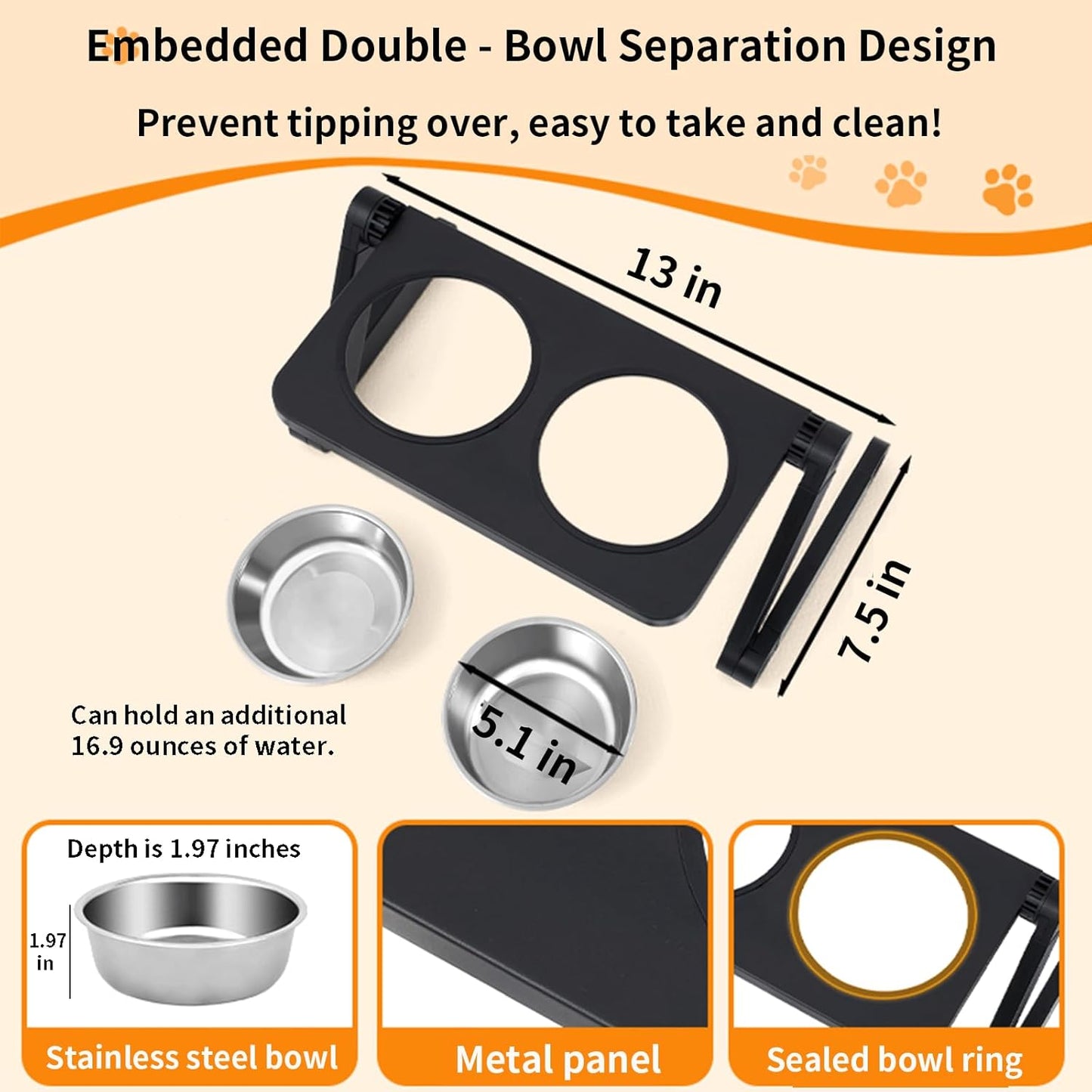 Adjustable Height & Angle Elevated Cat Bowls and Small Raised Dog Bowl with 2 Removable Stainless Steel Bowls - Foldable Raised Feeding Station 15°Tilted Raised for Neck Relief(16.7" x 9"