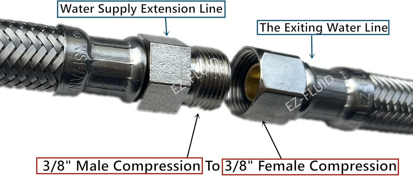 EZ-Fluid 12-Inch Faucet Supply Extension Line 3/8" Male Comp. To 3/8" Female Compression Stainless Steel Braided Faucet Extension Supply Hose Connector Lines,Fits Delta Faucet Plumbing Fitting(1-Pack)