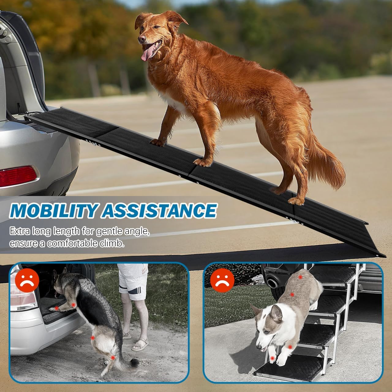 71''x 20'' Dog Ramp for Car, Foliding Dog Ramp with Non-Slip Rug Surface, Extra Wide Long Pet Stairs Supports Up to 300 LBS, Slow Slope Dogs Stairs for SUV, Truck, Large & Senior Pets