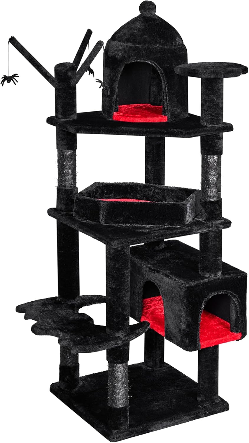BEWISHOME Heavy Duty Cat Tree, 63 in Large Cat Trees Gothic Cat Tower with Coffin Bed, Cat Houses with Scratching Posts for Large Cats 20 lbs+, Tall cat Condos, Black & Red MMJ96R