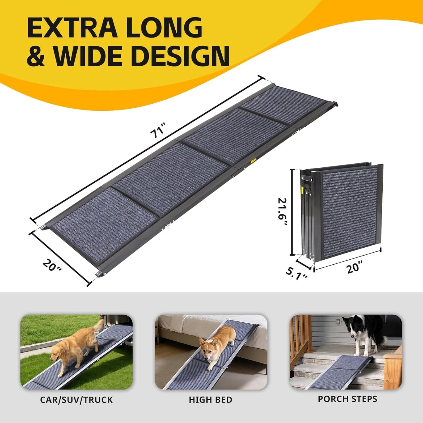 PawStep Extra Long Folding Dog Ramp 71" x 20" Portable Pet Ramp with Anti-Slip Rug Surface Heavy-Duty Aluminum Ramp for SUVs Trucks & Large Dogs up to 250 lbs 51177