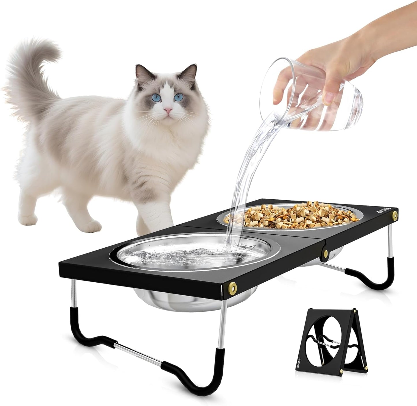Upgraded Elevated Cat Bowls,10°Tilted Foldable Stand Anti Vomiting Raised Cat Dishes for Food and Water,2 Stainless Steel Bowls for Cats and Puppy (1 Pack)