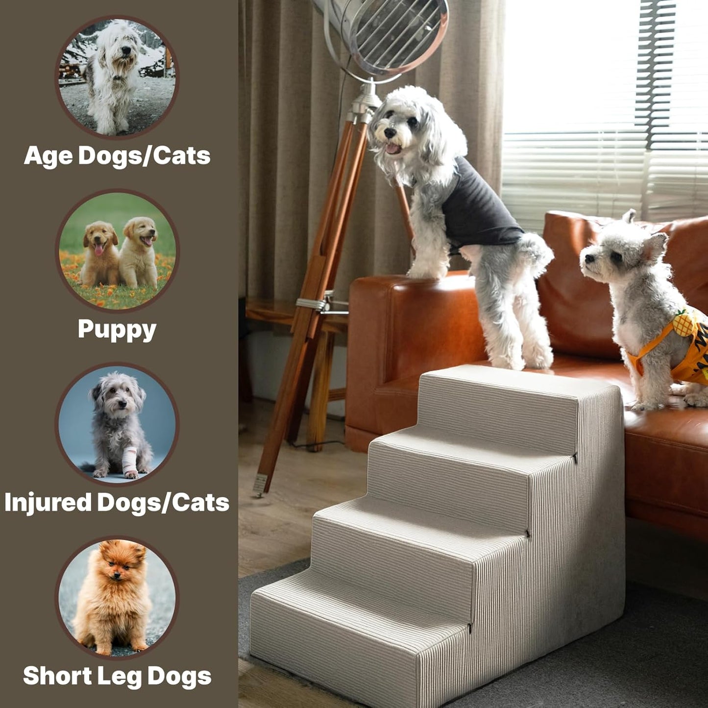 MEWANG Dog Stairs for Small Dogs, Medium Dogs & Old Cats – 4-Step Pet Ramp with High-Density Foam for Bed and Couch, Non-Slip Bottom, Washable Cover, Grey (23.9" L x 14.9" W x 18.2" H)