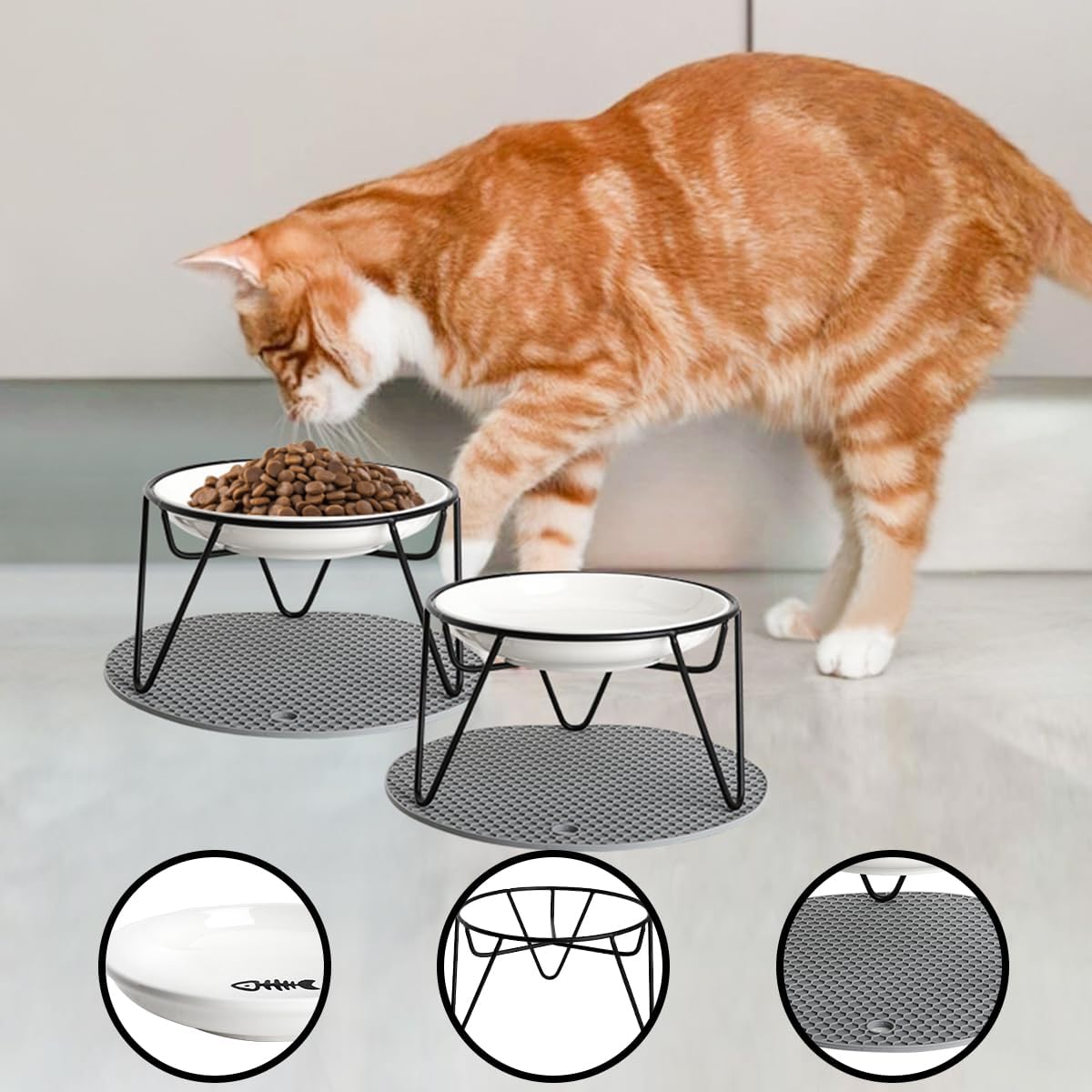 2 Pcs Elevated cat Bowls,Raised Ceramic Cat Dish with Metal Stand,Whisker Friendly,Non-Slip Mat,Pet Feeding Food Bowls Stand,Kitten Plate(2 Fish)