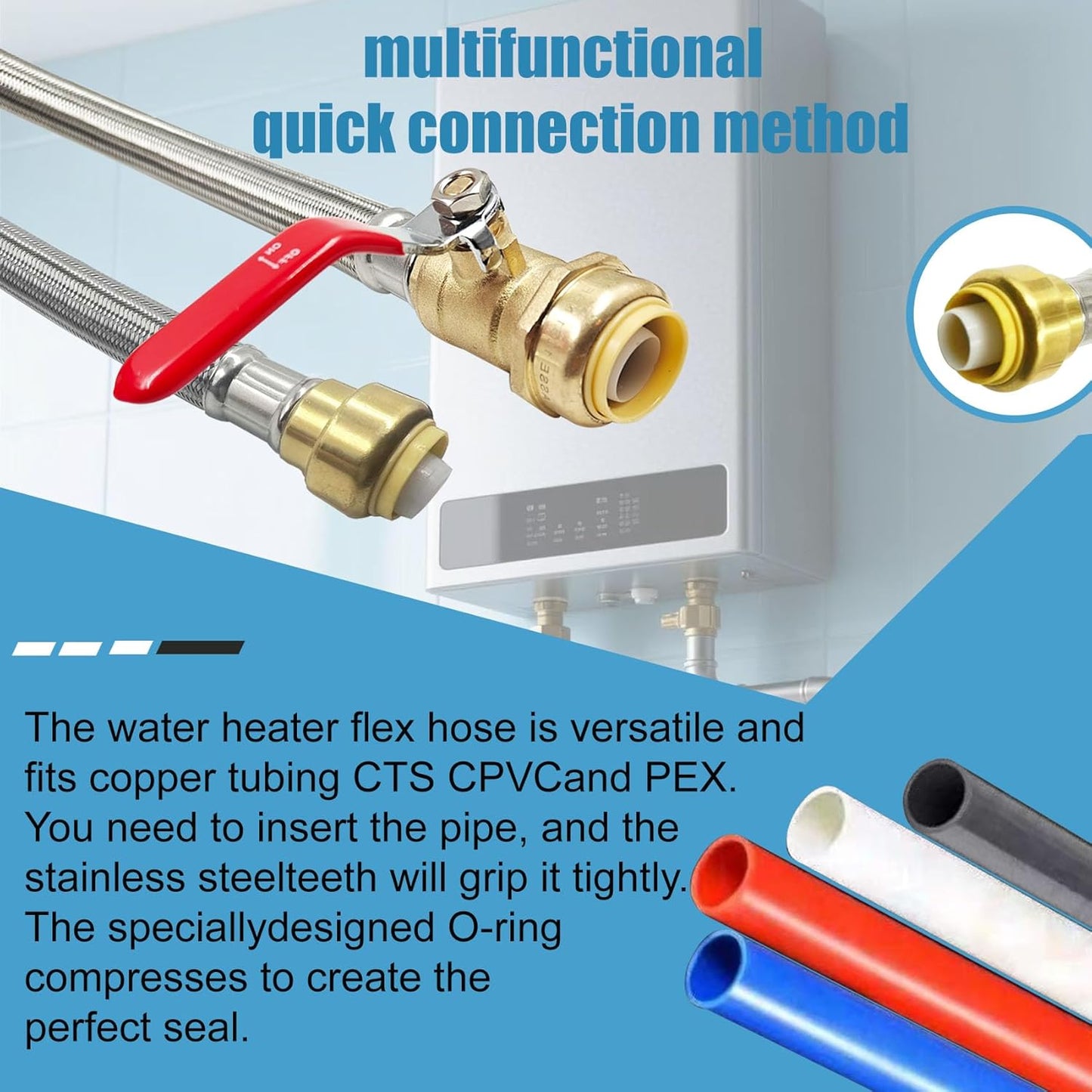 3/4" Ball Valve x 3/4" FIP x 24" Water Heater Hose Connector, Stainless Steel Braided Corrugated Flexible Water Heater Connector, Push To Connect Brass Plumbing Fitting, Copper, Pex, CPVC, 2 Pack