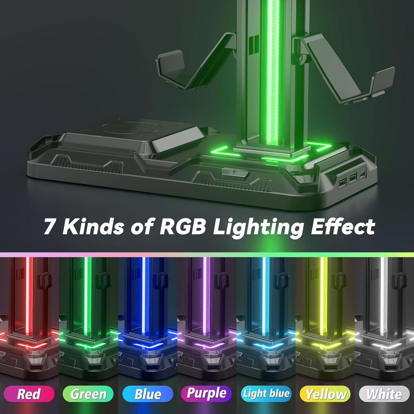 KDD Headphone & Controller Stand with Wireless Charging - Rotatable Headset Stand with 9 Light Modes - Controller Holder with 2 USB and Type C Ports - for Gamers Desktop Accessories