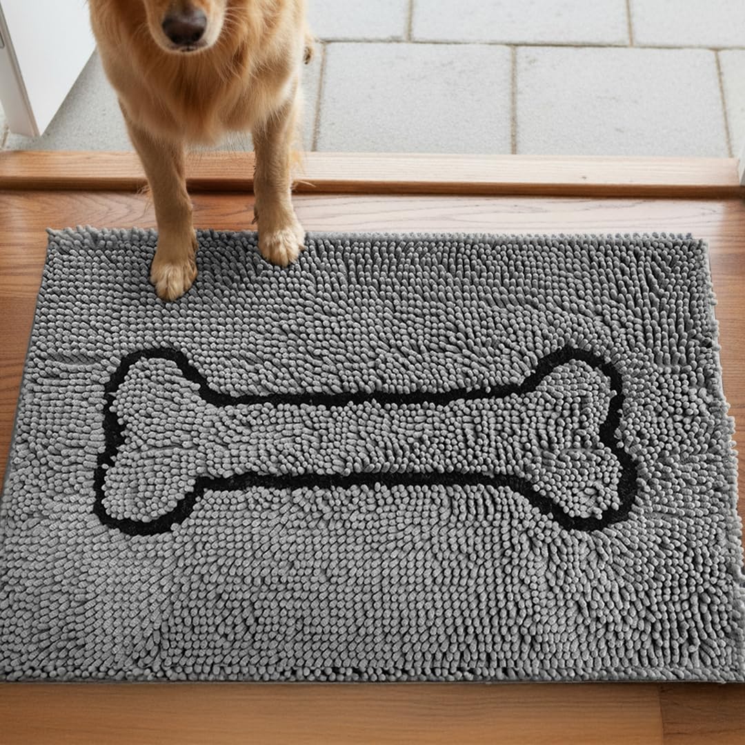 MUDGUARD MAT™ Dog Door Mat with Bone Design, Super Absorbent Microfiber Chenille, Non-Slip Quick-Dry Indoor Rug for Muddy Paws, Pets & Entryway, Machine Washable, Grey 19"x30"