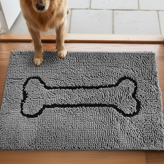 MUDGUARD MAT™ Dog Door Mat with Bone Design, Super Absorbent Microfiber Chenille, Non-Slip Quick-Dry Indoor Rug for Muddy Paws, Pets & Entryway, Machine Washable, Grey 19"x30"