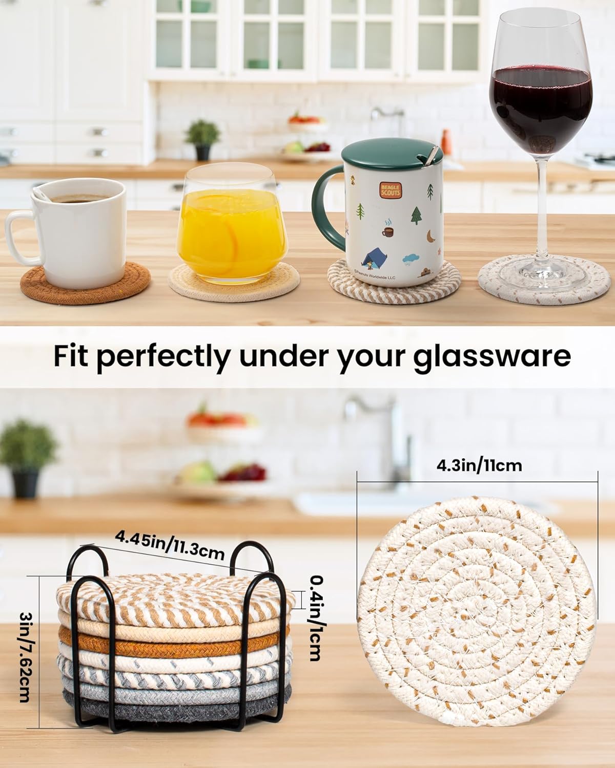 8 Pcs Drink Coasters with Holder, 8 Colors Absorbent Coasters for Drinks Minimalist Cup Coasters Cotton Coaster Set Woven Coasters for Coffee Table Home Decor Bar Housewarming Gift, 4.3 Inch