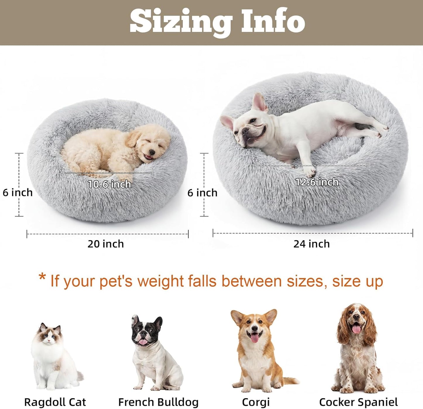 Calming Dog Bed, 20" x 20" x 6" Fits Cat & Dog, Anti-Slip Round Washable Faux Fur for Doze Off, Napping Orthopedic, Grey