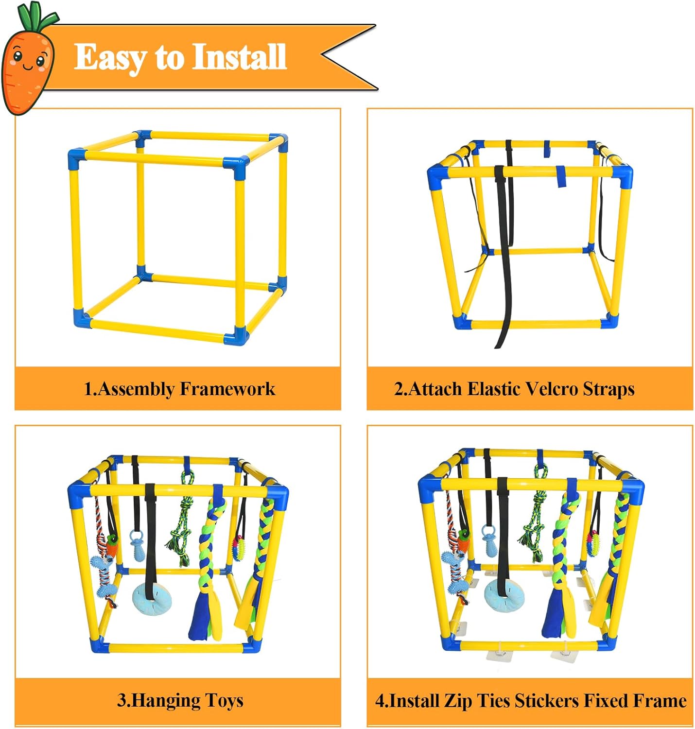 Puppy Play Gym with 8 Hanging Toys for Teething &Chewing, Interactive Activity Center for Small Dogs to Relieve Boredom & Anxiety, Indoor Enrichment Toys to Keep Them Busy (Square)