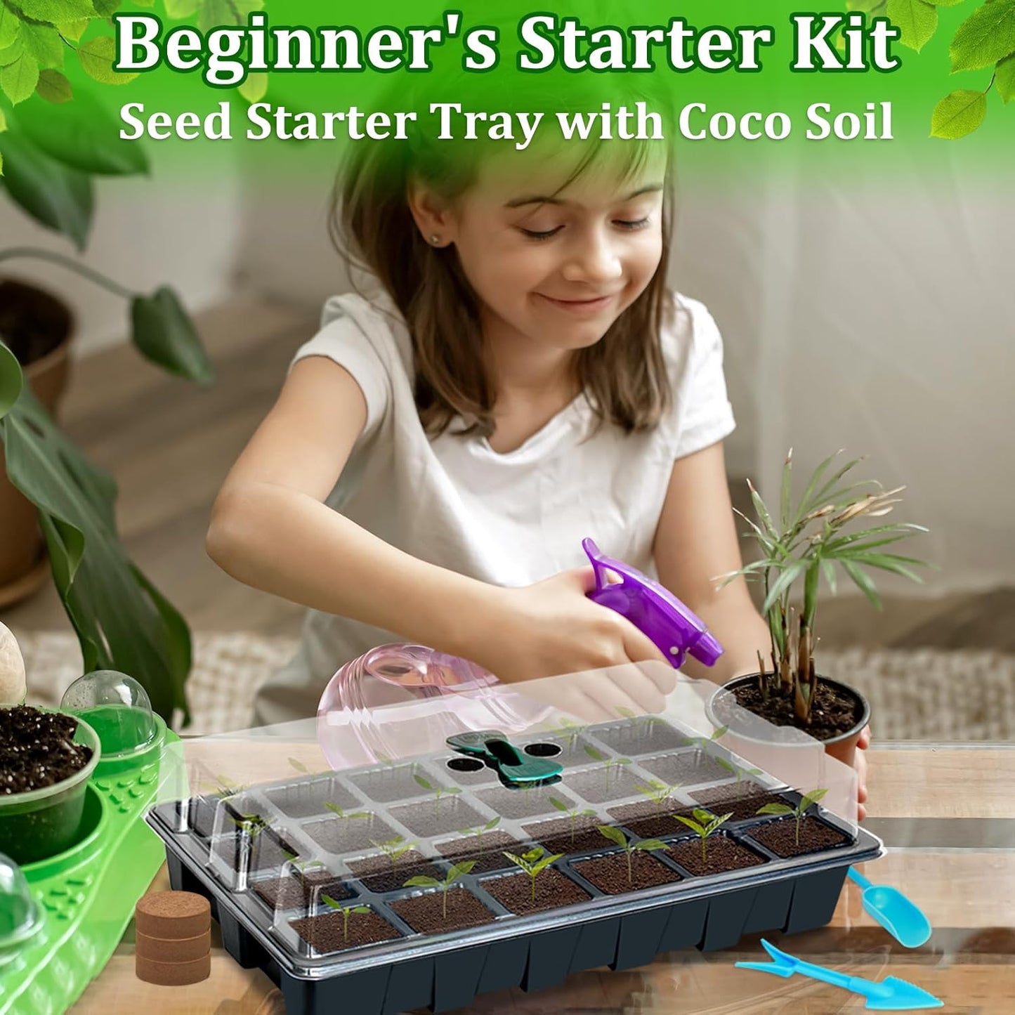 Halatool 2 Set Seed Starter Tray Kits, 2 Pack Germination Tray with 50 Pcs Coco Pellets, Greenhouse Indoor Seed Germination System for Herbs Vegetables Flowers, Seed Starter Kit