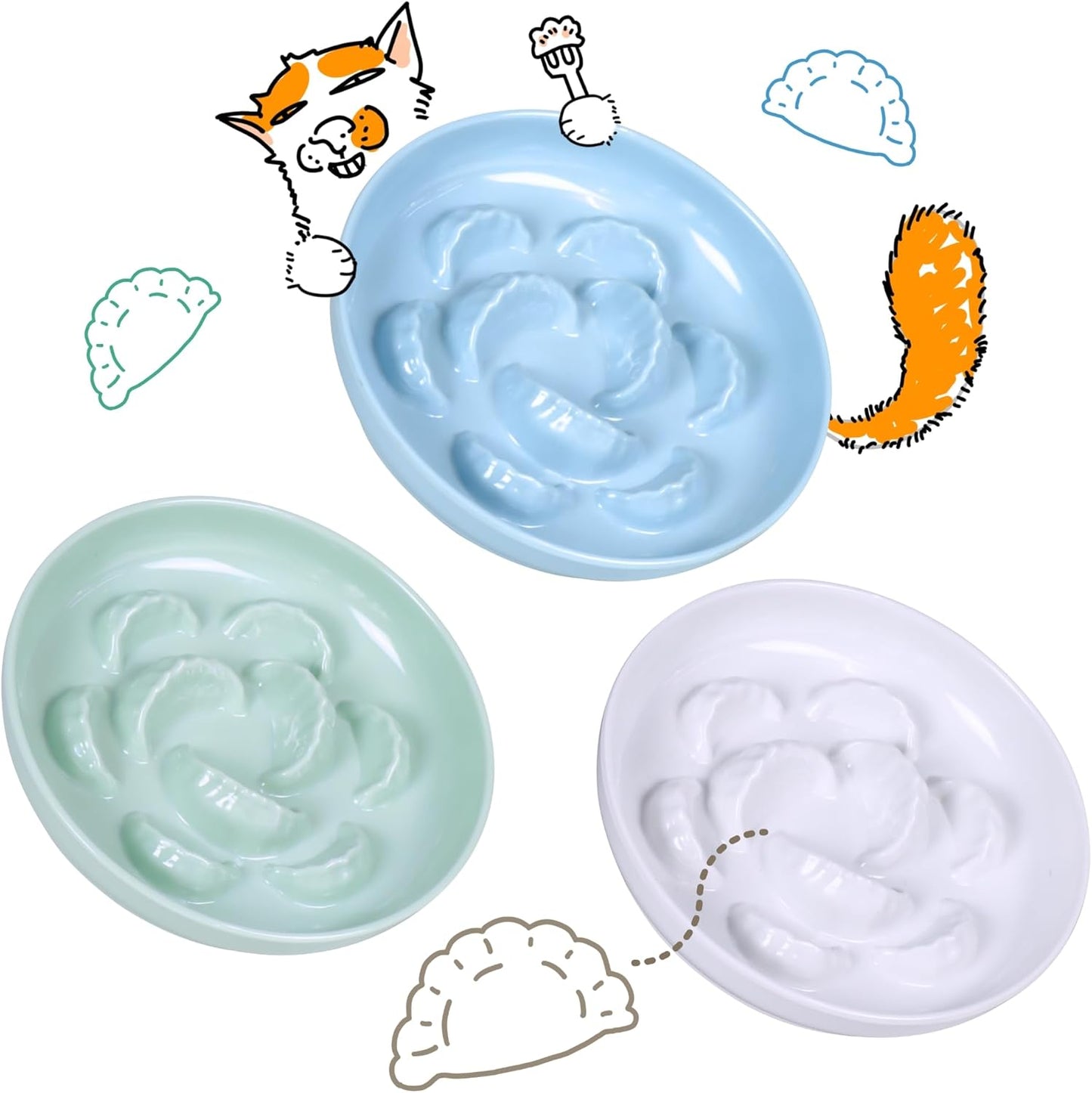 Slow Feeder Bowl for Cats and Small Dogs - Set of 3 Melamine Puzzle Cat Plates for Wet & Dry Food- Whisker Friendly & Dishwasher Safe & Non Slip Design (Blue + Green +White *3, 6.3''W)