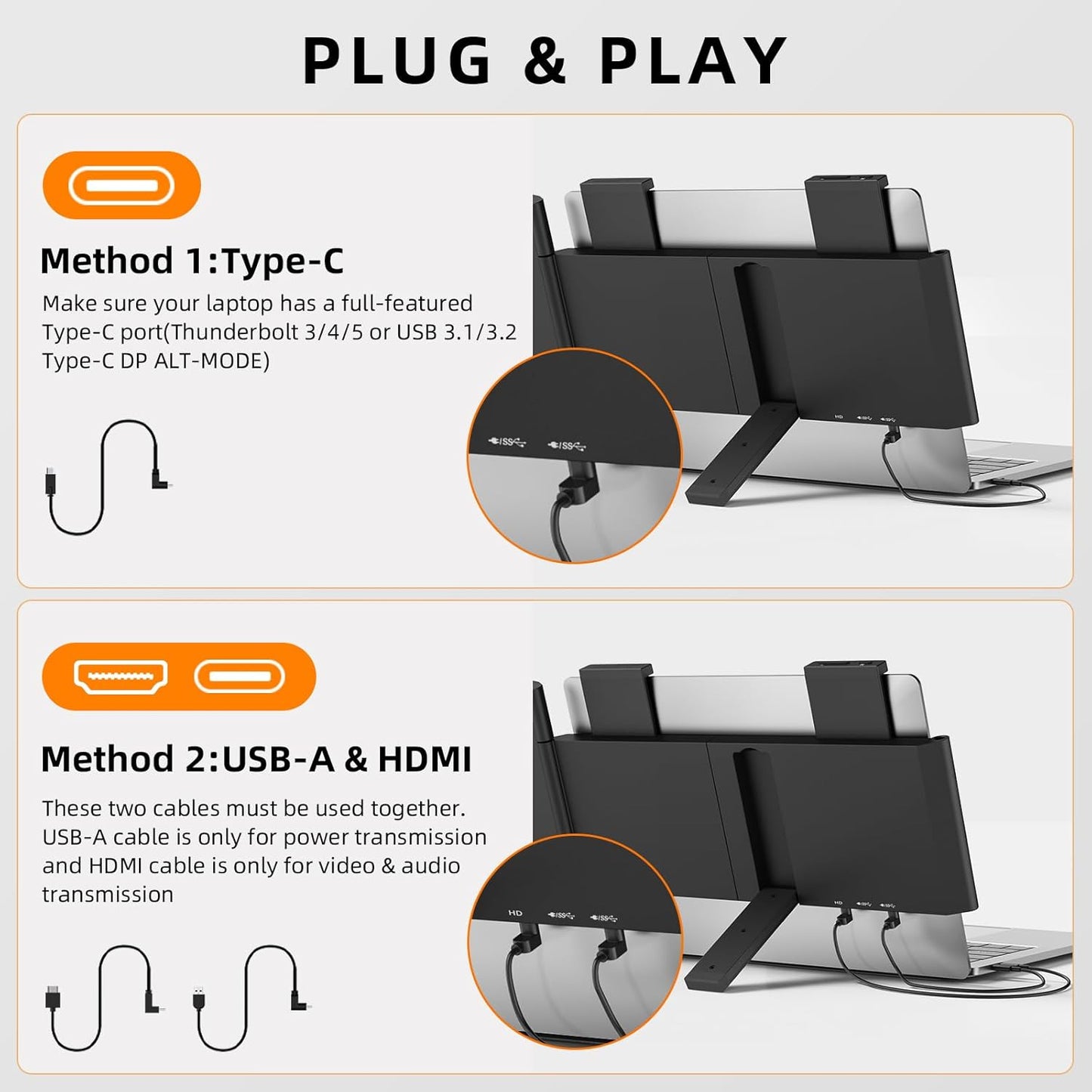 Laptop Screen Extender, 14" 1080P Portable Monitor, Type-C HDMI Plug and Play for 13.3" - 16.1" Laptops, 270° Rotation Attachment Display for Windows/MacOS/Chrome Laptop Phone