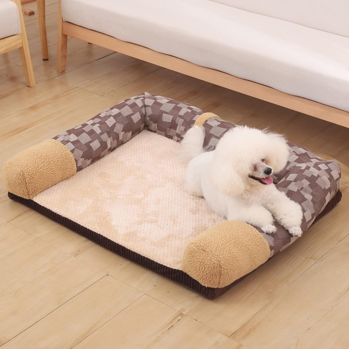 Pet Dog Bed Orthopedic Coral Fleece Furniture Cover with Anti-Slip Back Suitable for Sofa Super Soft Plush Dog Couch Protector with Memory Foam Neck Bolster for Dogs and Cats Washable (Beige Large)