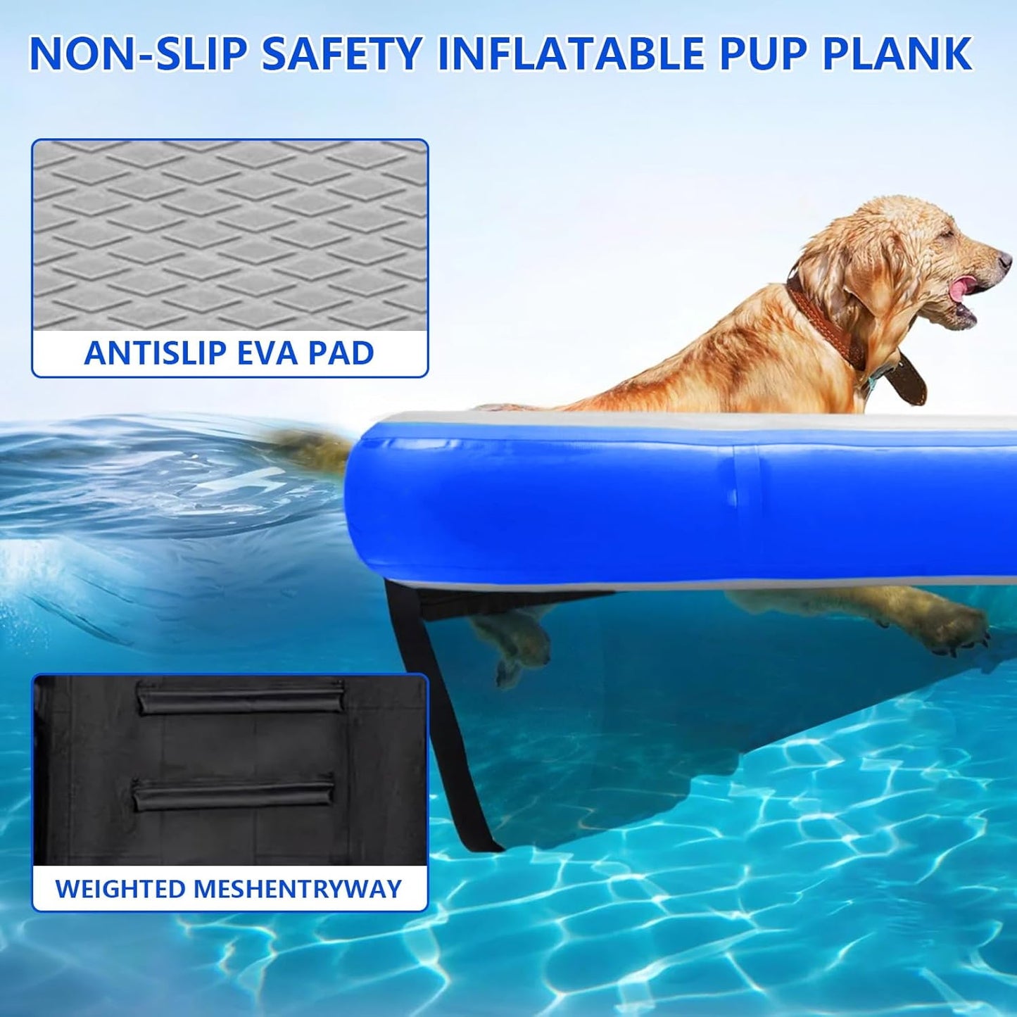 Inflatable Dog Boat Ramp, Non-Slip EVA Dog Float Floating Ramp Ladder for Pools Boats Docks, Safe & Easy Water Access for Large Dogs, Blue