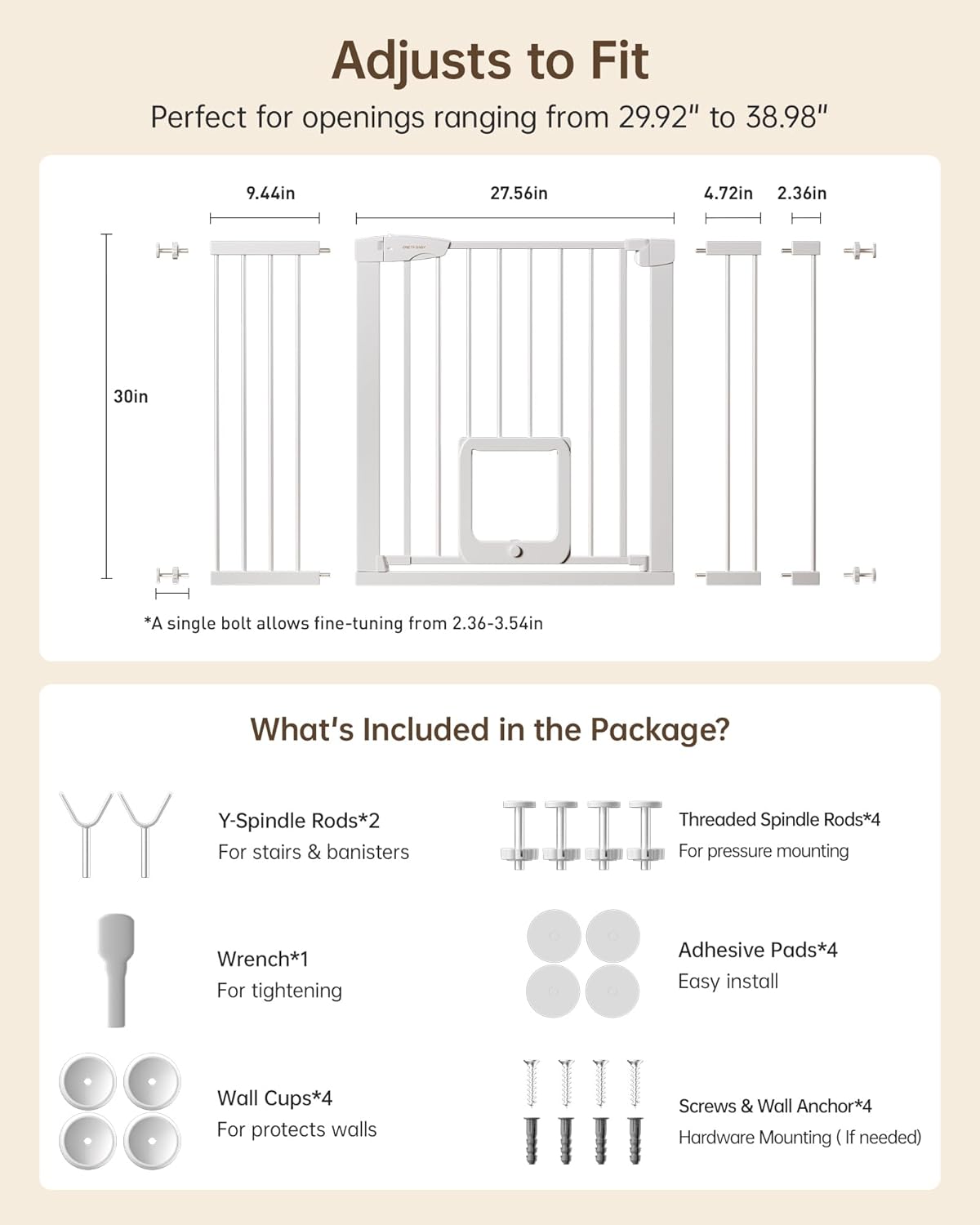 Baby Gate with Cat Door, 29.92-48 ” Wide Baby Gate for Stairs, Pressure Mounted Gate No Drill, Auto Close Dog Gate for Doorways, Easy Walk Through Safety Gates with Pet Door, Indoor, White