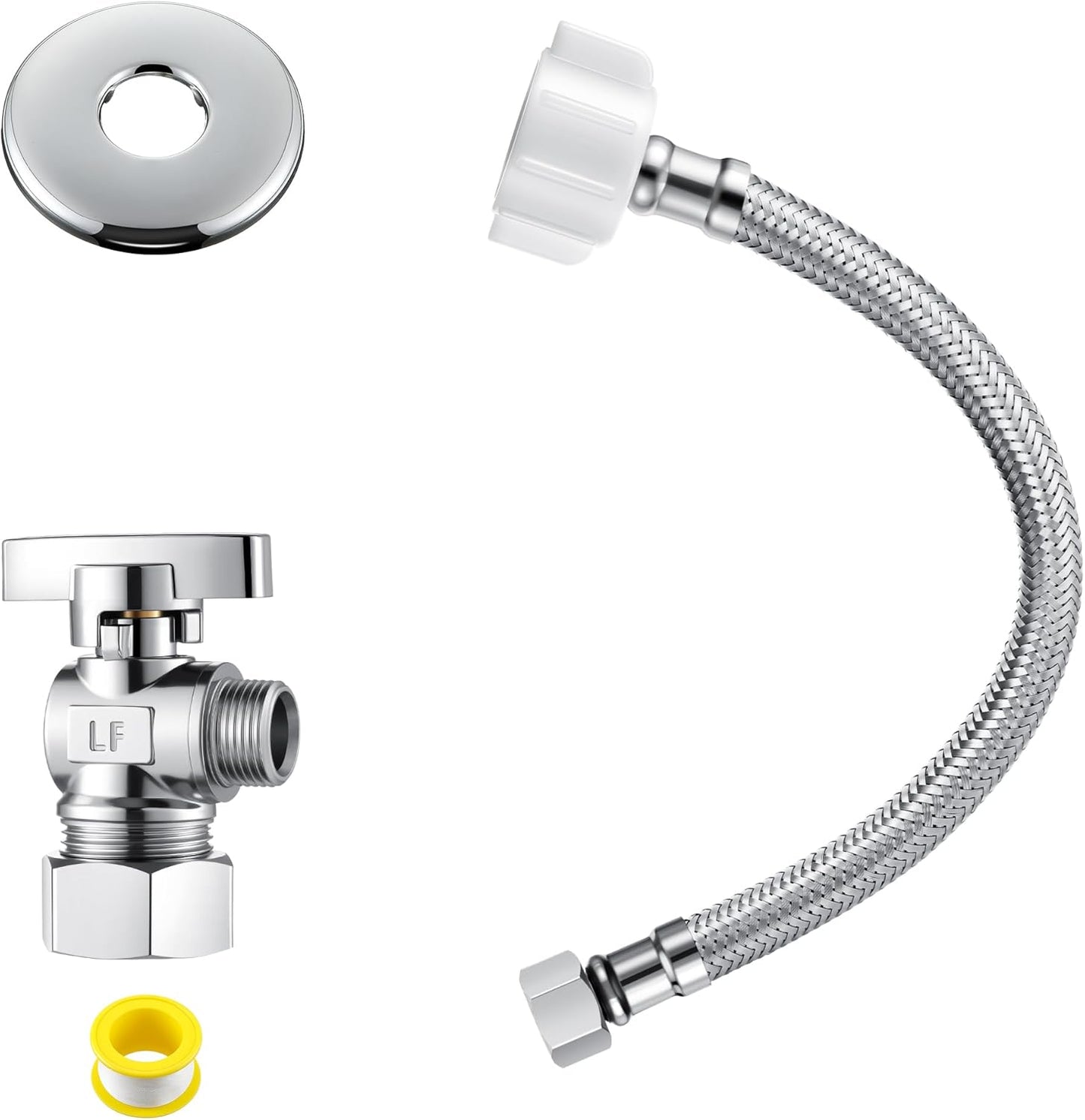 1 Pack Complete Toilet Valve Set, Includes 1/2'' Nom Inlet x 3/8'' OD Compression Outlet Angle Shut Off, 7/8" BC x 3/8" COMP Toilet Water Supply Line, Escutcheon Plate, Sealing Tape (9 Inch)