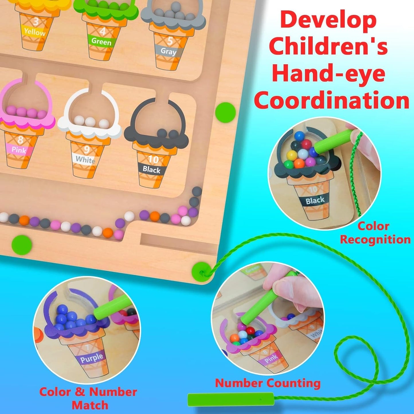Magnetic Color & Number Maze - Montessori Wooden Color Matching Learning Counting Puzzle Board - Toddler Fine Motor Skills Toys for Boys Girls 2 3 4 Years Old