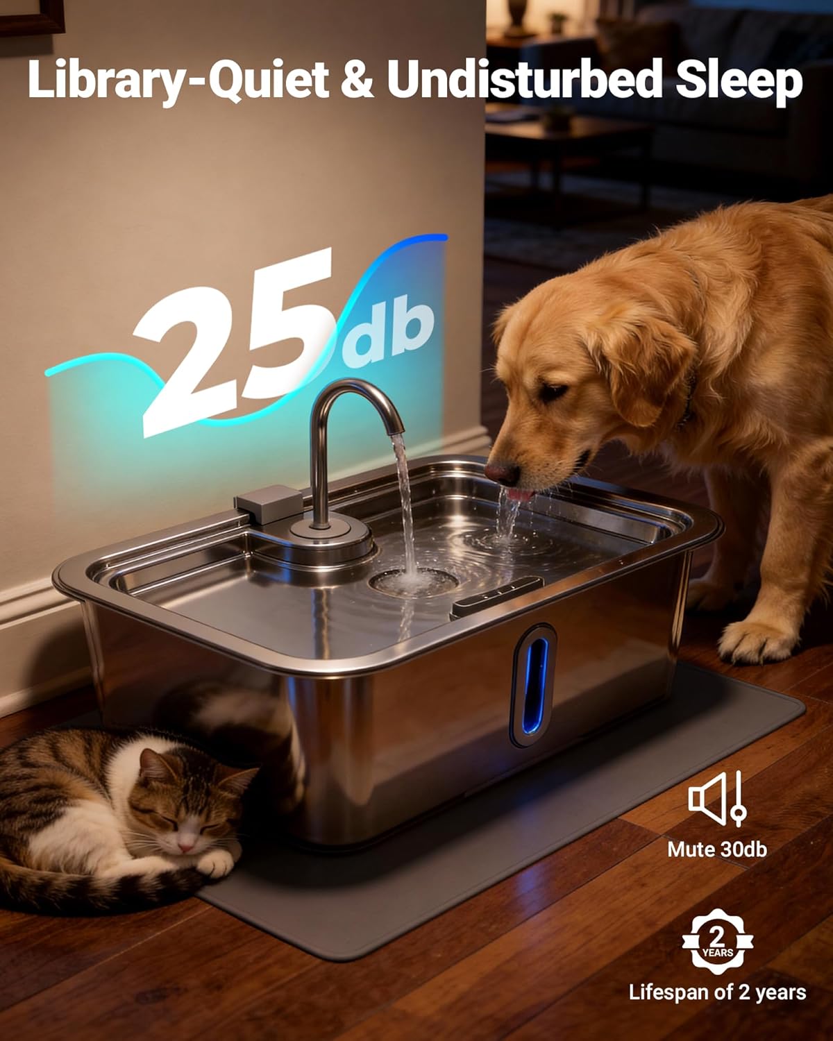 Automatic Water Dispenser for Dogs and Cats, 12L/3.17Gal Large Capacity, Includes Pet Feeding Mat & 3 Filters, Stainless Steel Dog Water Fountain with Visible Window and Alert Light